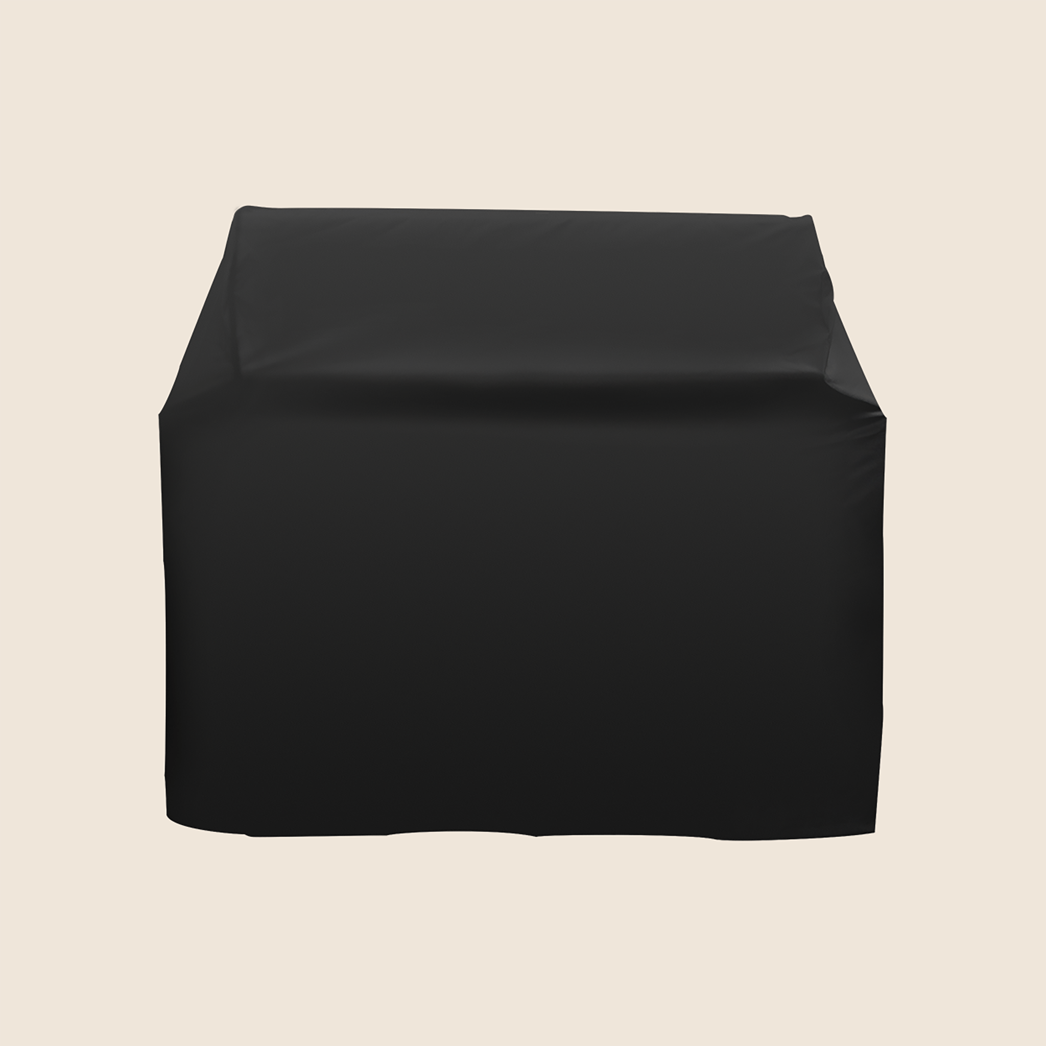 Black outdoor grill cover made of durable weather-resistant fabric, shown fitted over a large stainless steel barbecue unit.