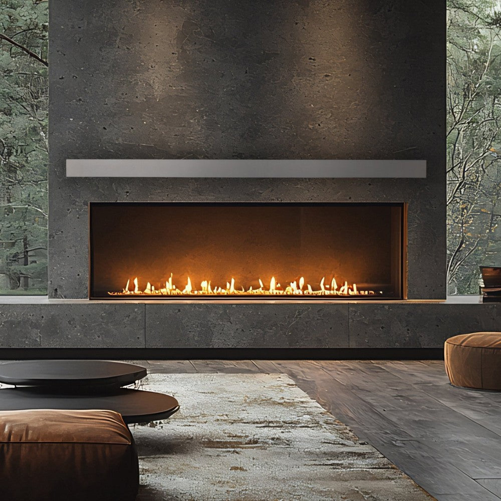 Lexington Hearth Horizon Concrete Faux Wood Mantel Shelf in Mystic Gray at Living Room