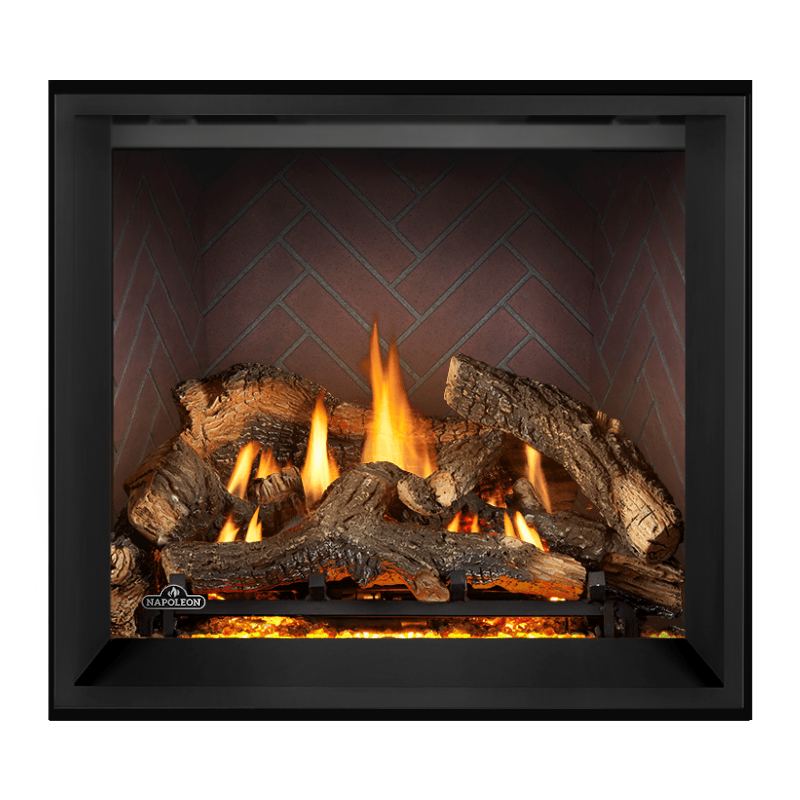 Napoleon Elevation X 36 Direct Vent Fireplace with Antique Ledgestone Brick Interior Panel and Split Oak Log Set
