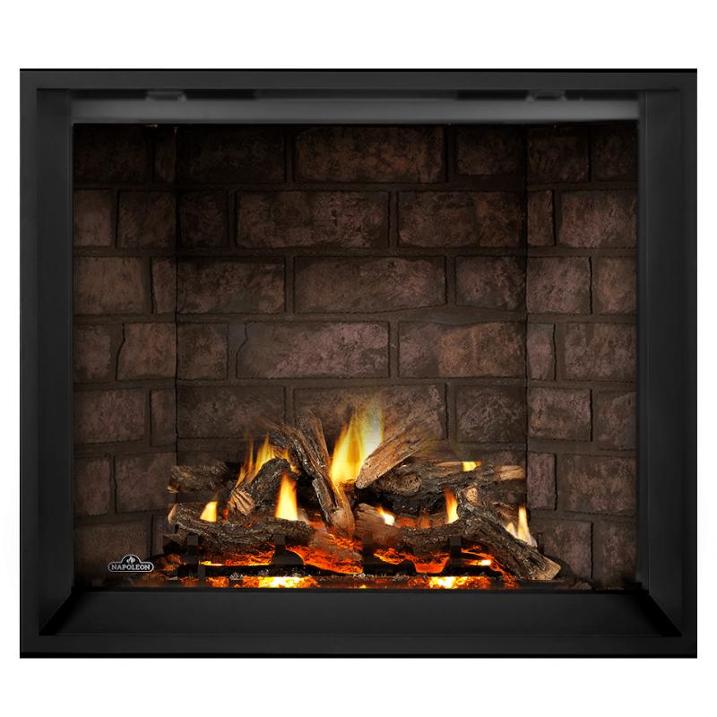 Napoleon Elevation X 42 Direct Vent Fireplace with Westminster Grey Herringbone Interior Panel and Split Oak Log Set