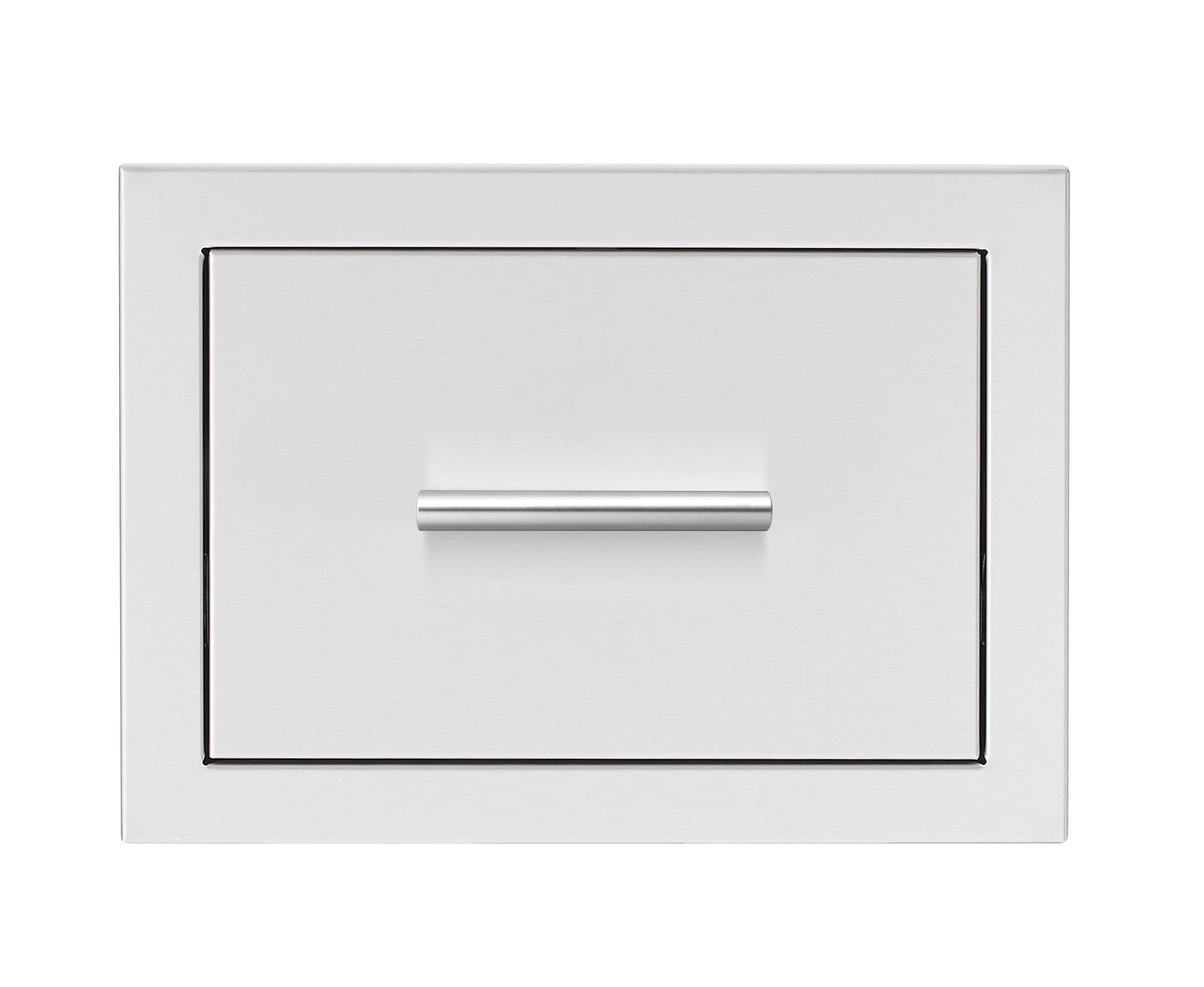 A stainless steel outdoor kitchen drawer with a horizontal brushed handle, designed for storage and a modern aesthetic.
