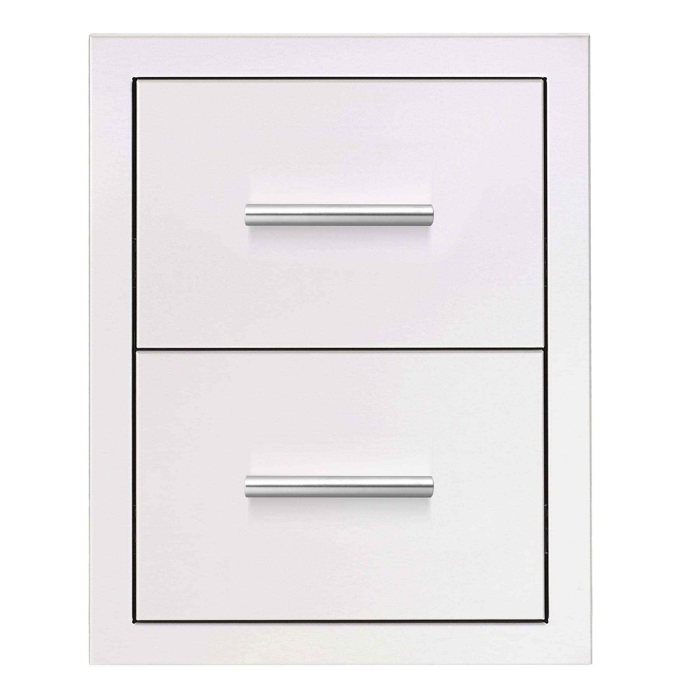 A stainless steel double-drawer unit with sleek horizontal brushed handles, designed for outdoor kitchen storage and organization.