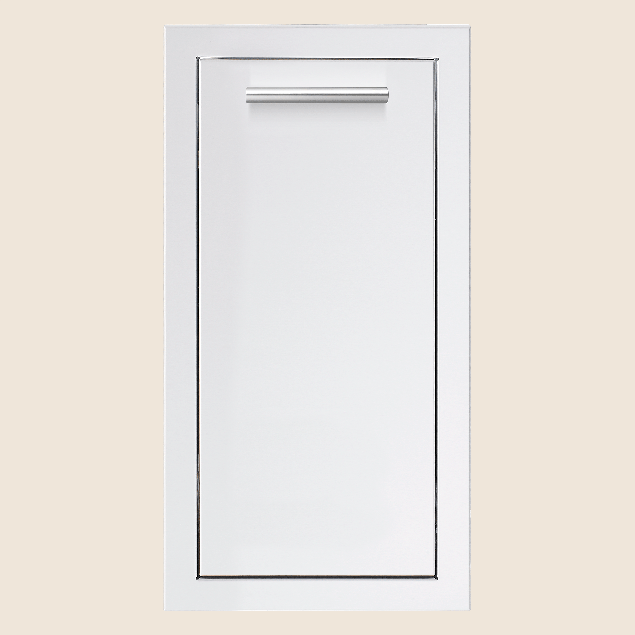 Vertical stainless steel access door with modern handle and sleek design, ideal for outdoor kitchen or grill island setup.