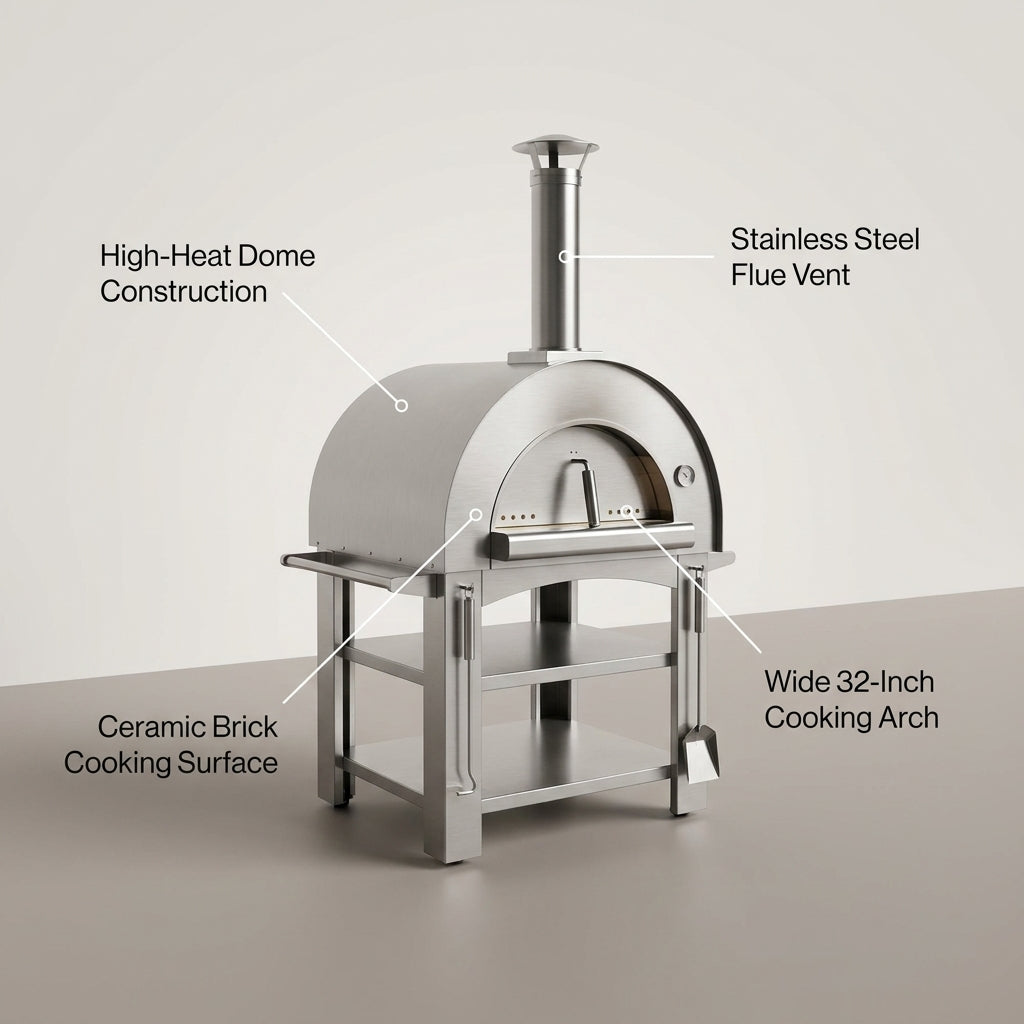 KoKoMo 32” Wood Fired Stainless Steel Pizza Oven — Feature Infographic