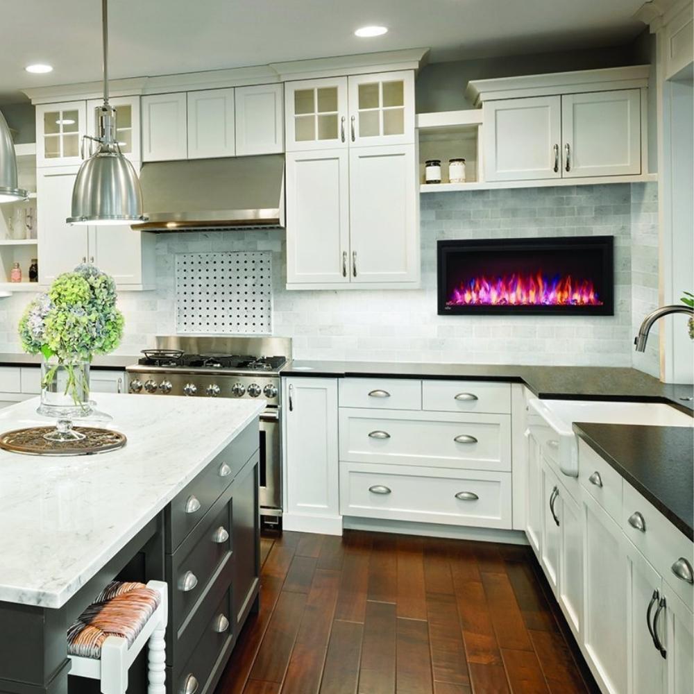 Napoleon Entice™ Built-in / Wall Mounted Electric Fireplace In A Kitchen