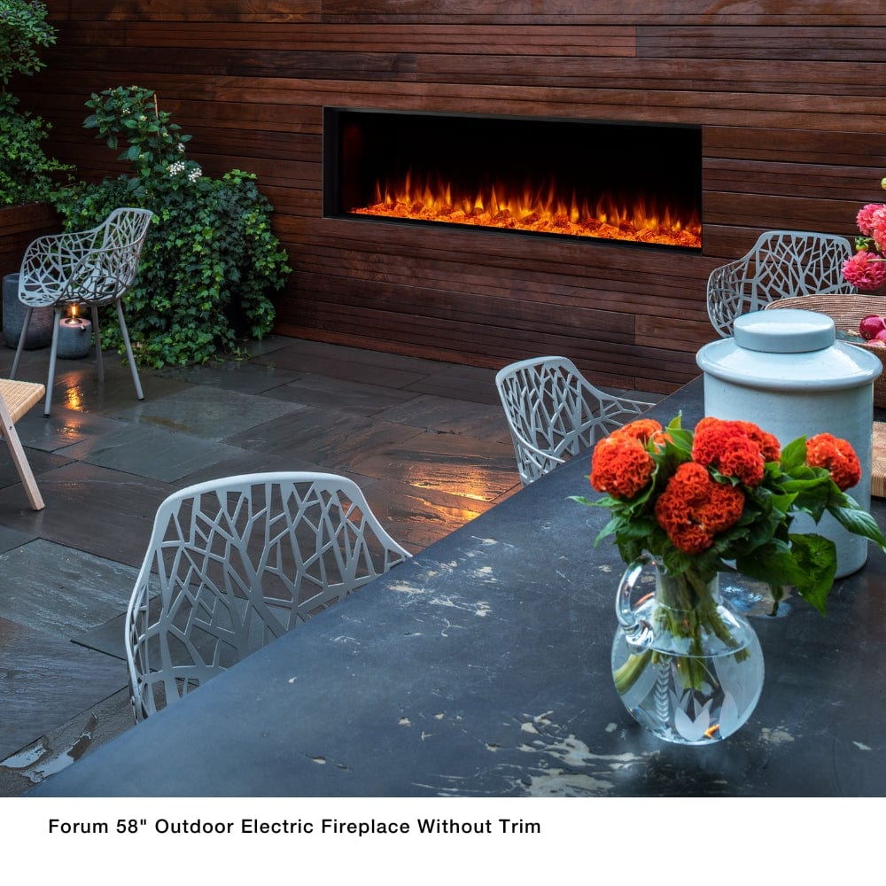 Simplifire Forum 58-Inch Outdoor Electric Fireplace recessed with wood finishing material