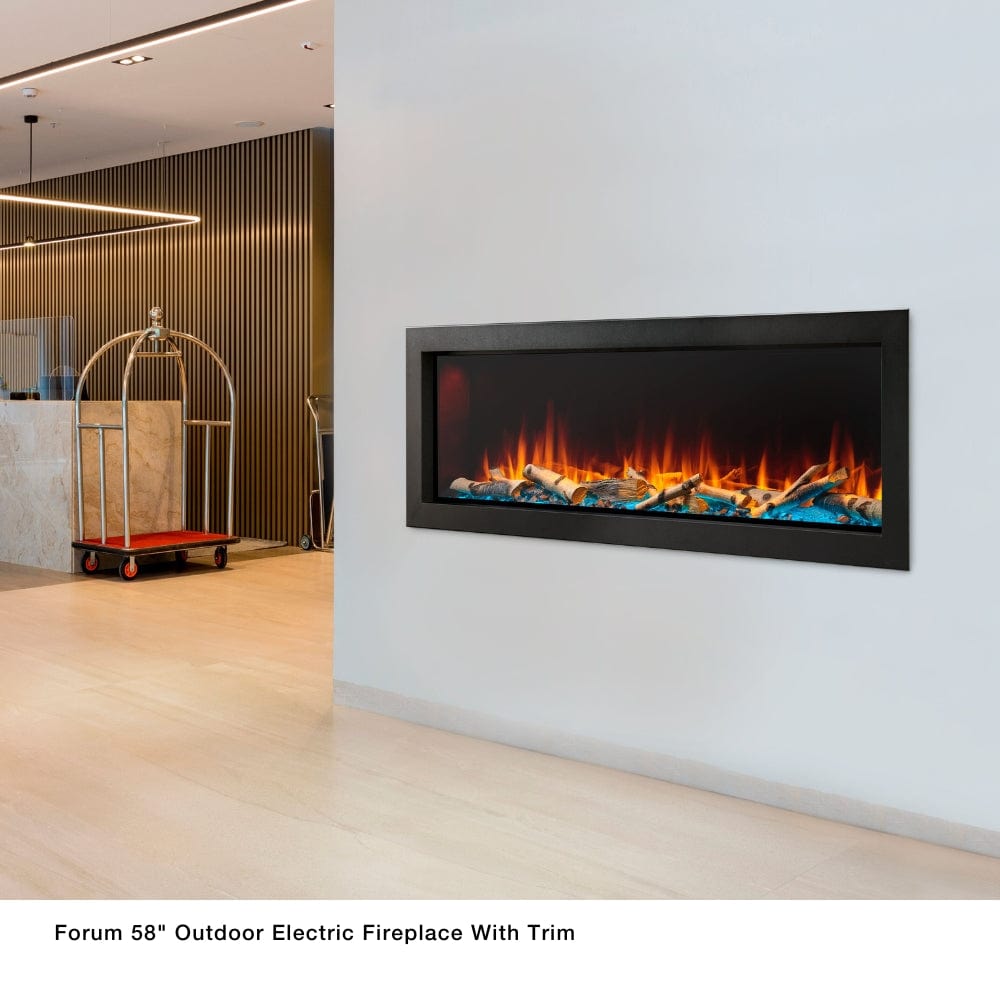 Simplifire Forum 58-Inch Outdoor Electric Fireplace with trim in a hotel lobby
