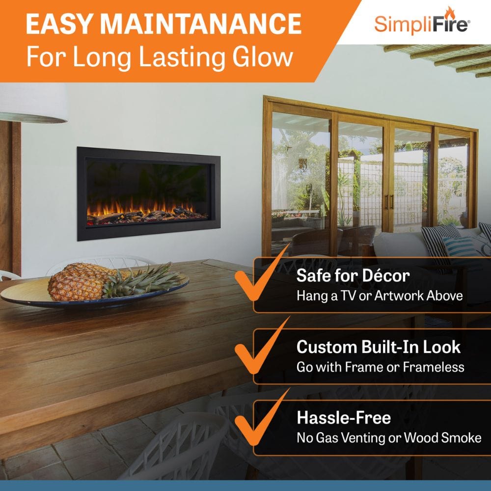 Simplifire Forum Built-In Outdoor Electric Fireplace in an outdoor dining area