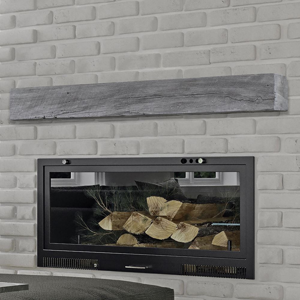 grist mill weathered grey mantel on a white brick wall