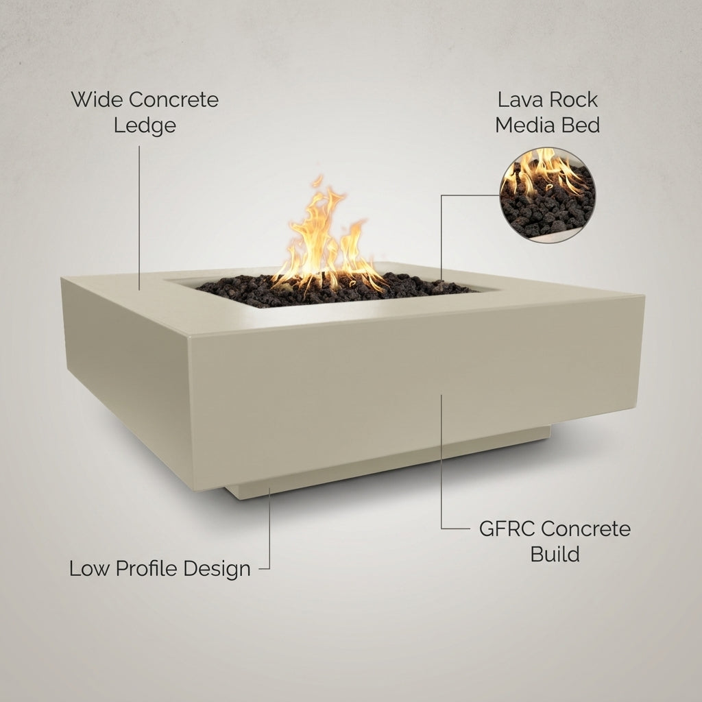 The Outdoor Plus Cabo Square Fire Pit - GFRC Concrete — Feature Infographic