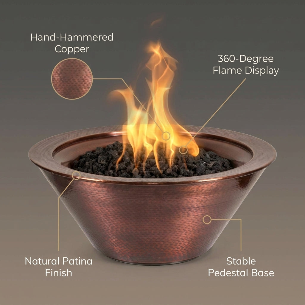 The Outdoor Plus Cazo Fire Bowl - Hammered Patina Copper — Feature Infographic