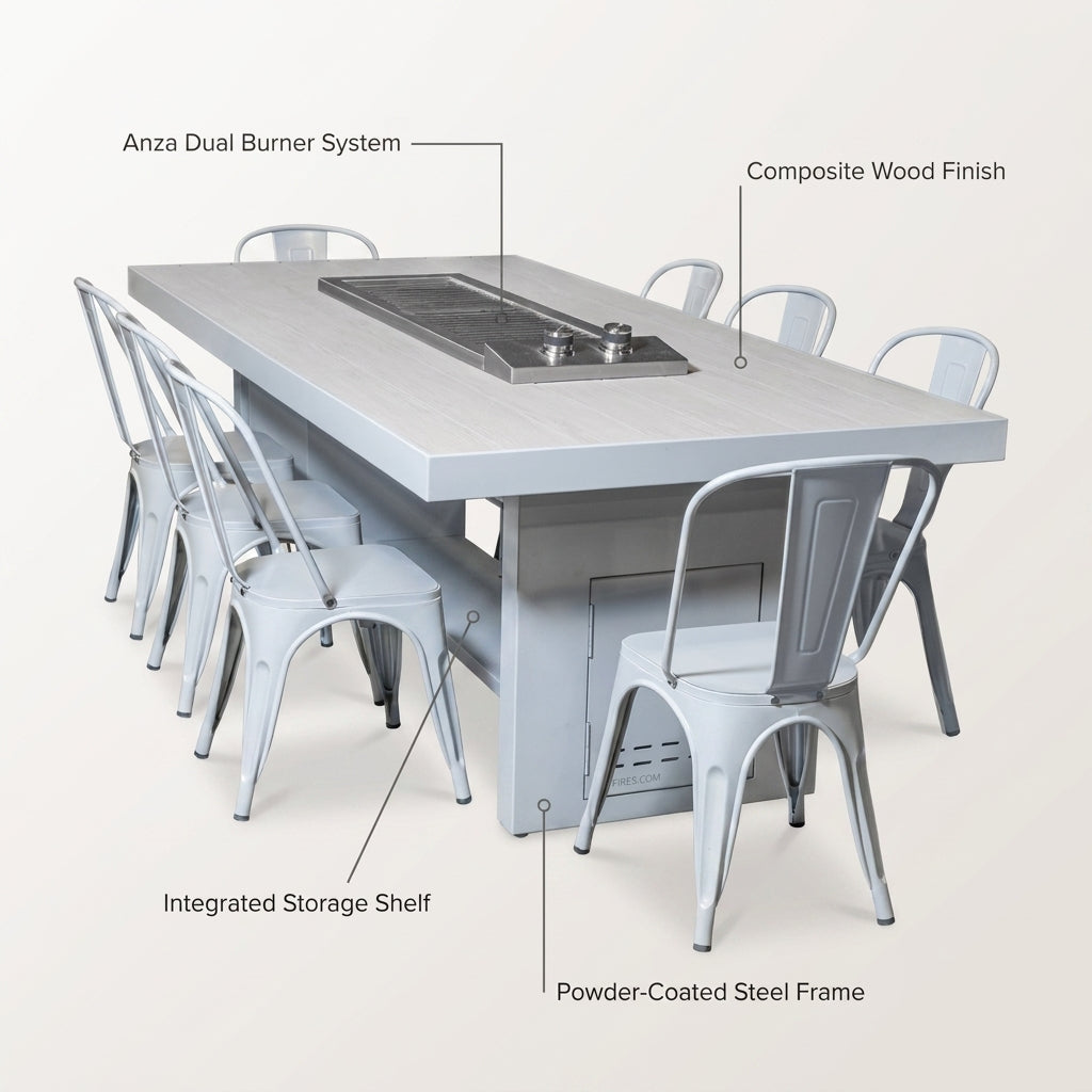 Videl 96 Inch Alameda Cooking Table with Anza Dual Burner and Composite Wood Finish — Feature Infographic