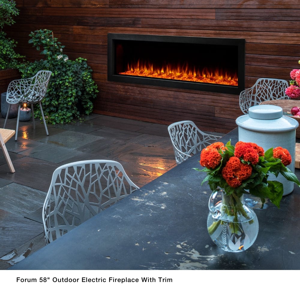 Simplifire Forum 58-Inch Outdoor Electric Fireplace with trim recessed with wood finishing material