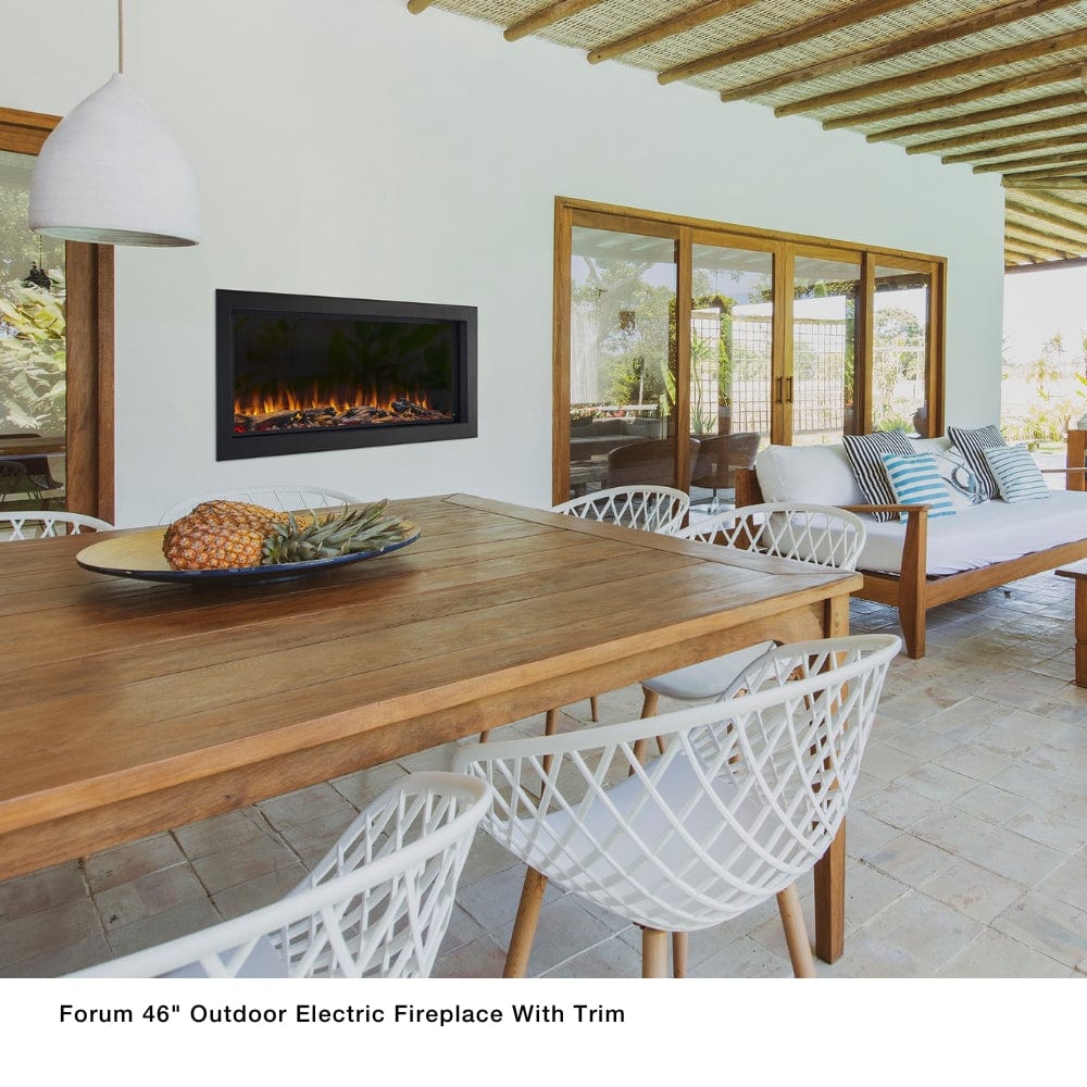 Simplifire Forum Built-In Outdoor Electric Fireplace with trim in an outdoor dining area